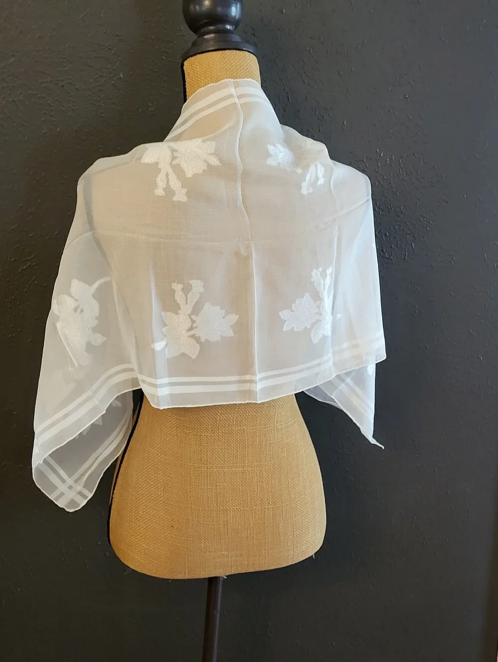 Jacquard 60s Rayon White Sheer Floral Scarf Hand Rolled Hems Japan